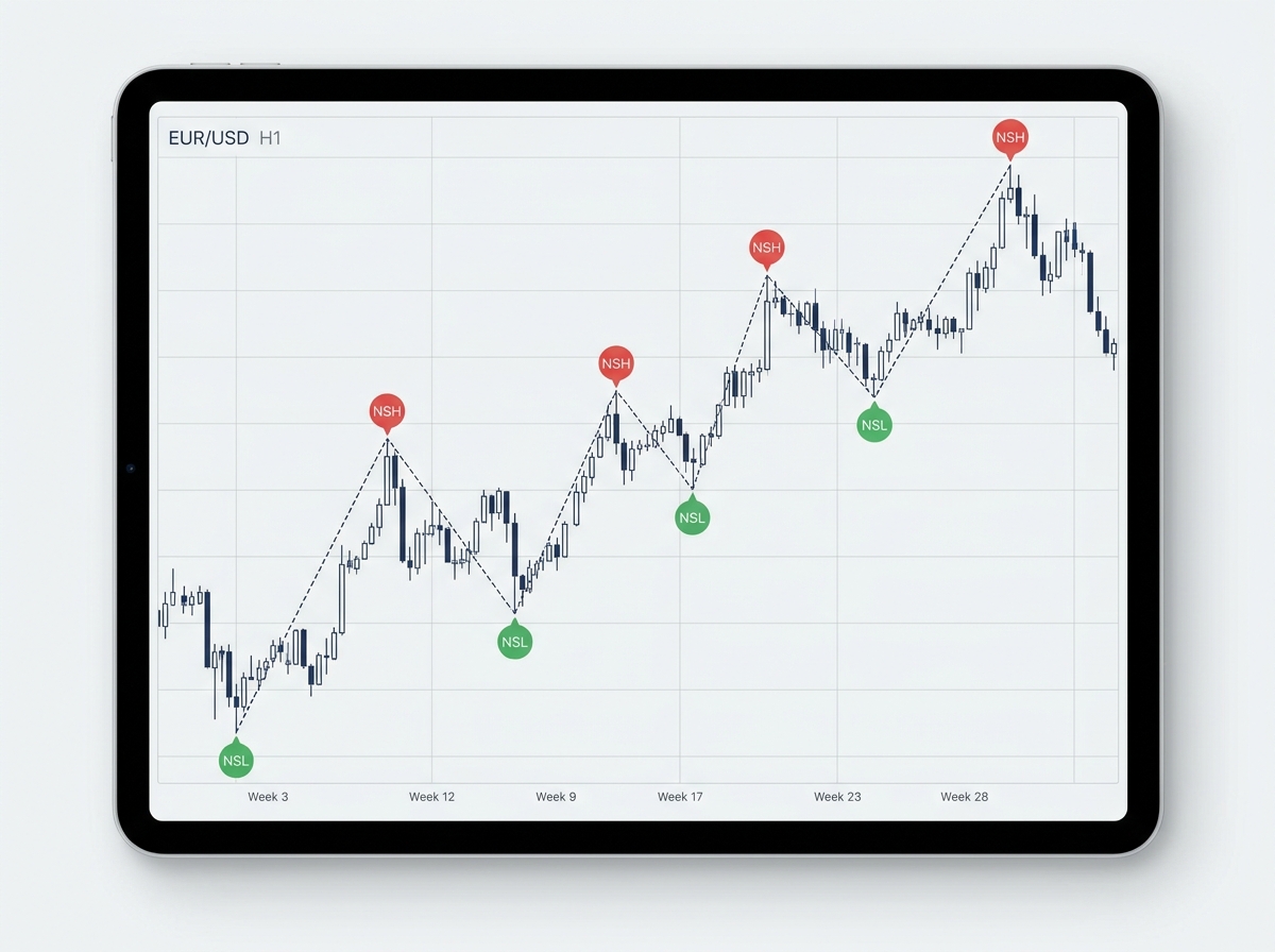Clean forex price chart with swing high and swing low labels marked using NSH and NSL annotations, showing a clear market structure sequence before any pattern is drawn