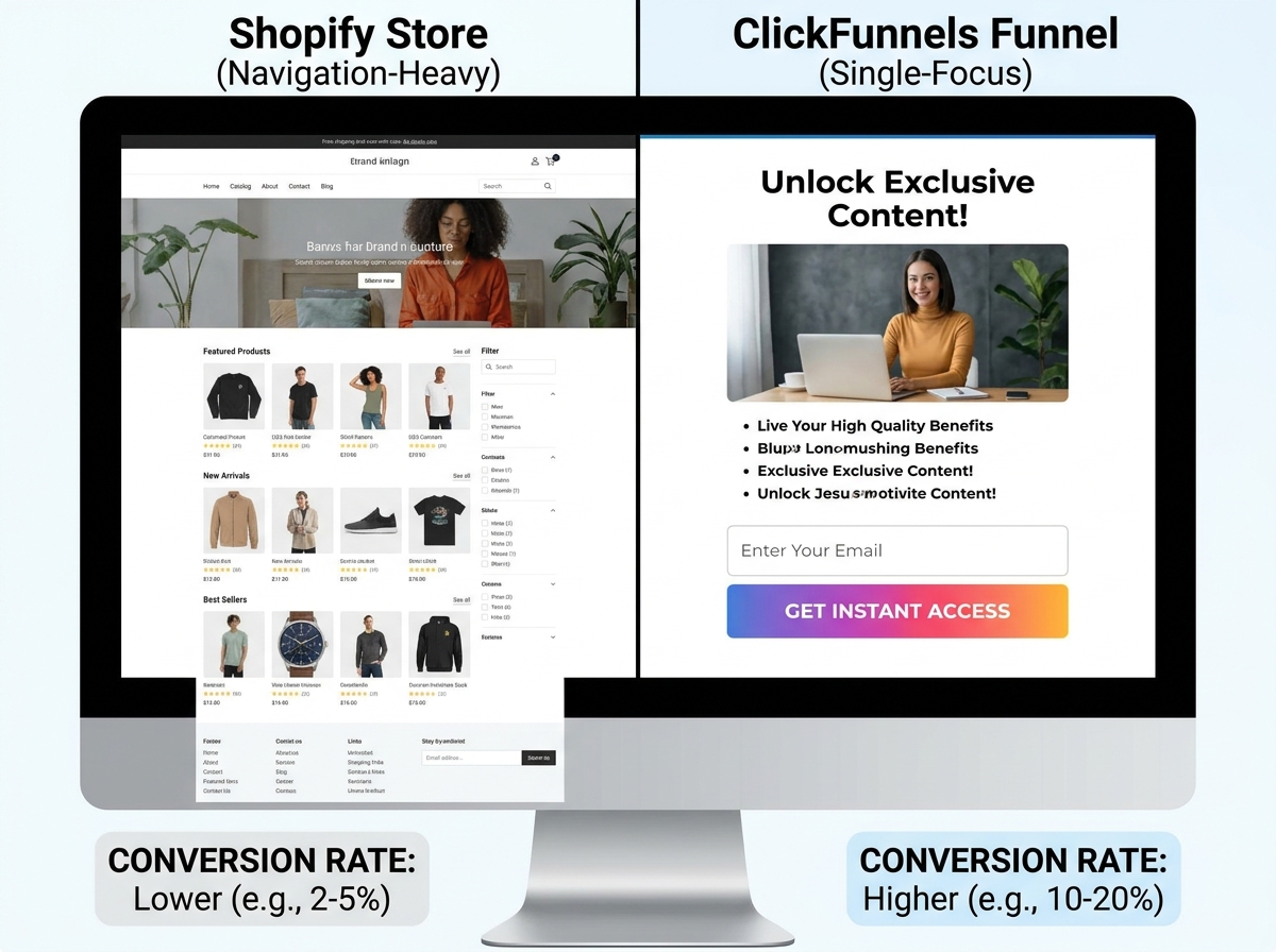 Side-by-side comparison of Shopify dropshipping store layout versus ClickFunnels subscription funnel page layout, showing navigation-heavy store on left and single-focus opt-in funnel on right with conversion rate labels