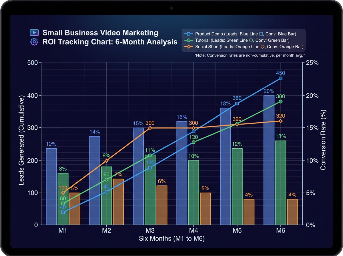 Small business video marketing ROI tracking chart showing three video types — product demo, tutorial, social short — plotted against leads generated and conversion rate over six months