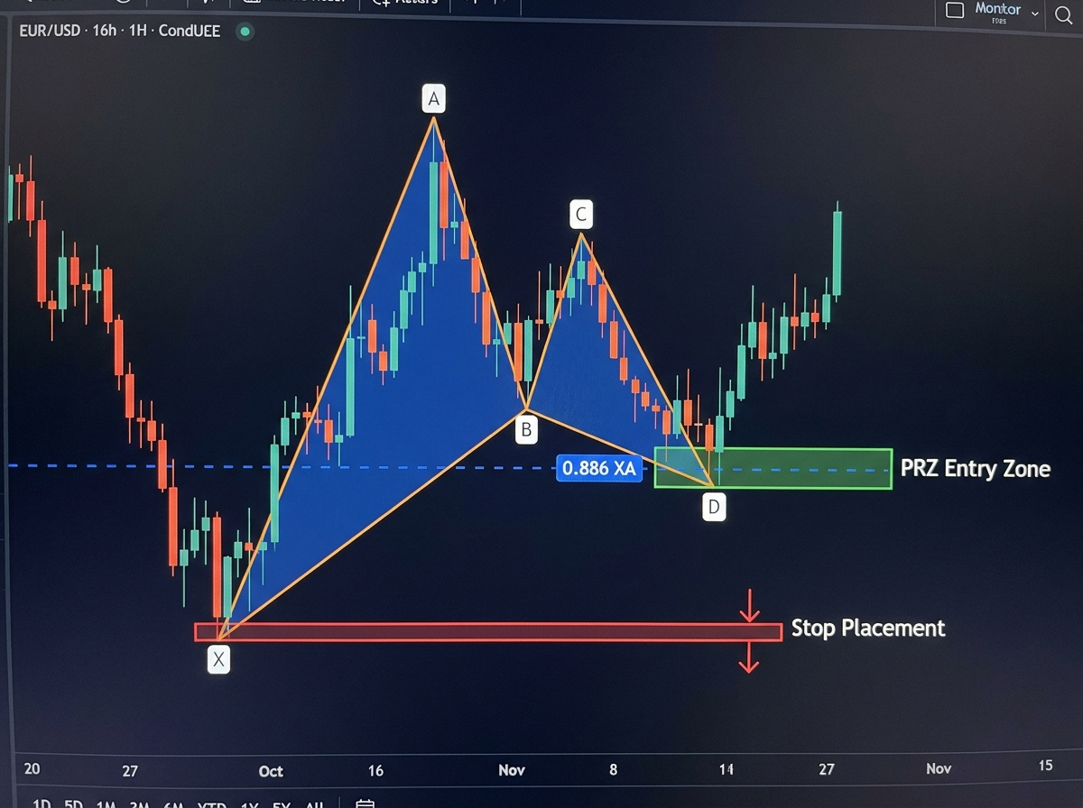 Forex chart showing a completed Bat harmonic pattern with X A B C D points labeled, 0.886 XA retracement highlighted at D, PRZ entry zone marked, and stop placement shown below X