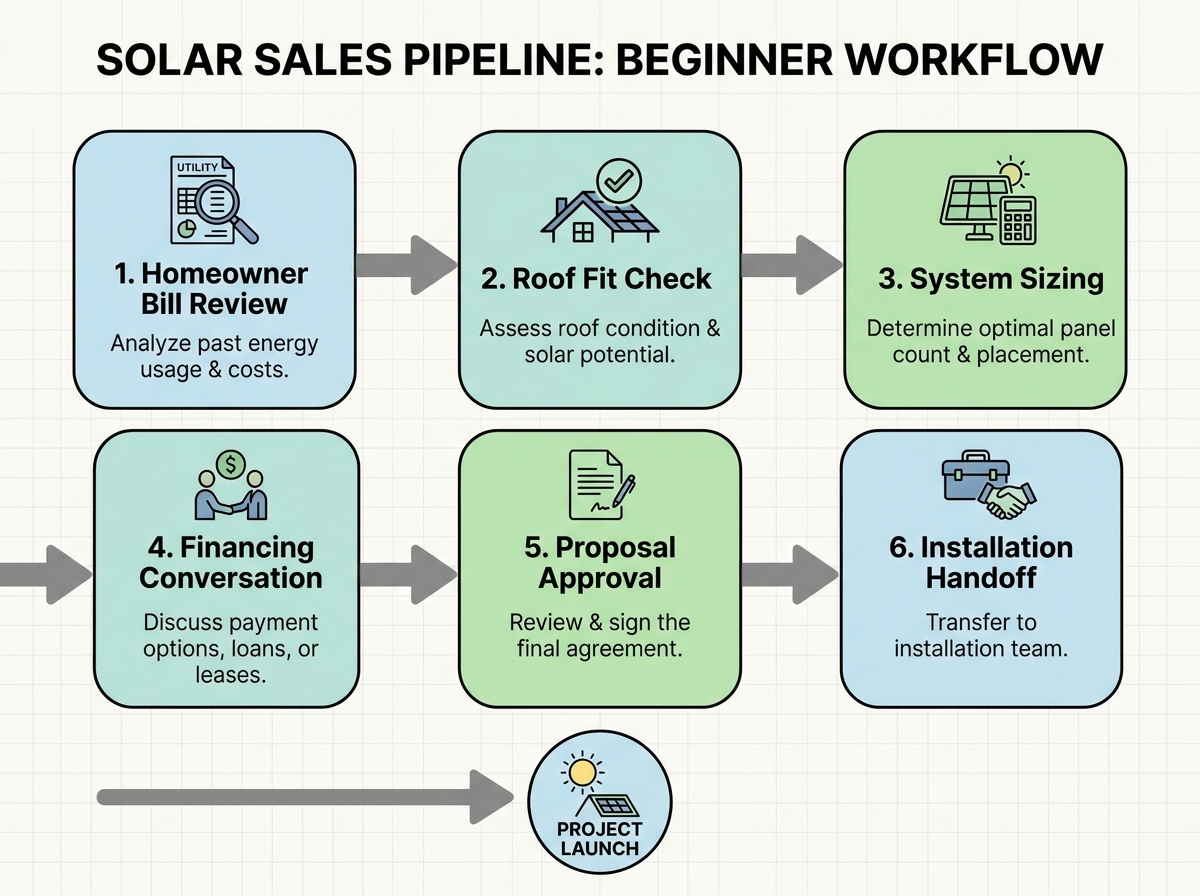 Solar sales pipeline diagram showing homeowner bill review, roof fit check, system sizing, financing conversation, proposal approval, and installation handoff in a clear beginner workflow