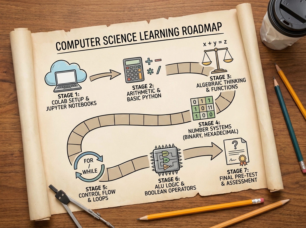Python and Jupyter Notebooks computer science learning roadmap showing 7 sequential stages from Colab setup through arithmetic, algebra, number systems, loops, ALU logic, and final pre-test