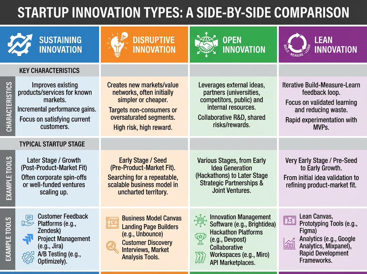 Comparison diagram of four startup innovation types — Sustaining, Disruptive, Open, and Lean — shown side-by-side with key characteristics, typical startup stage, and example tools for each type