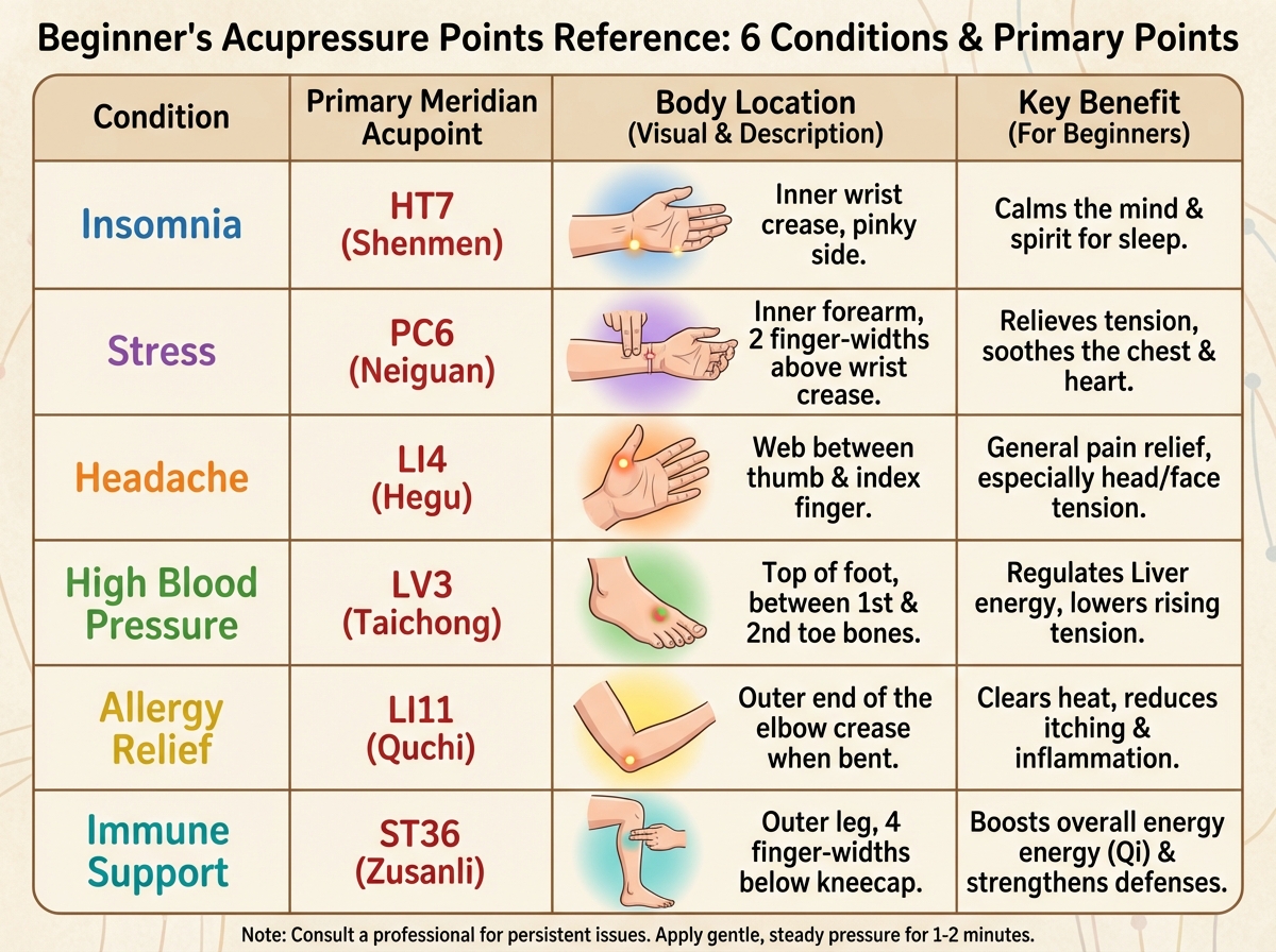 Acupressure points reference chart for beginners mapping six conditions — insomnia, stress, headache, high blood pressure, allergy relief, and immune support — to their primary meridian acupoints and body locations