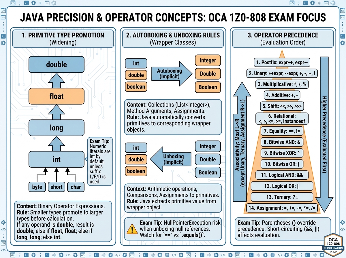 Java language precision concept diagram showing primitive type promotion, autoboxing rules, and operator precedence as tested in OCA 1Z0-808 exam questions
