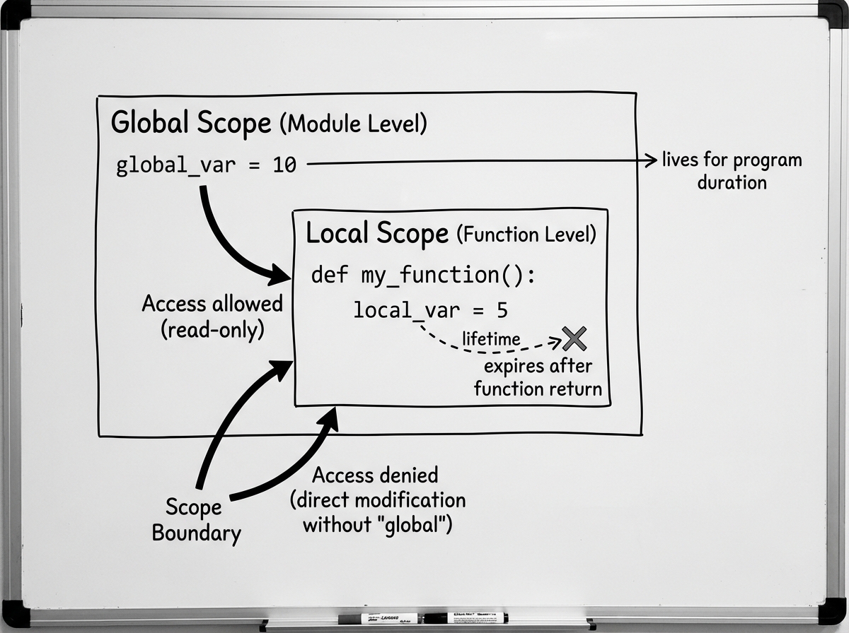 Python scope diagram showing variable lifetime inside vs outside functions with arrows indicating where global and local scope boundaries exist in beginner Python code