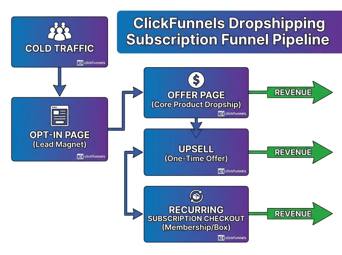 ClickFunnels dropshipping subscription funnel pipeline diagram showing cold traffic entering opt-in page, flowing through offer page, upsell, and recurring subscription checkout with revenue arrows at each stage
