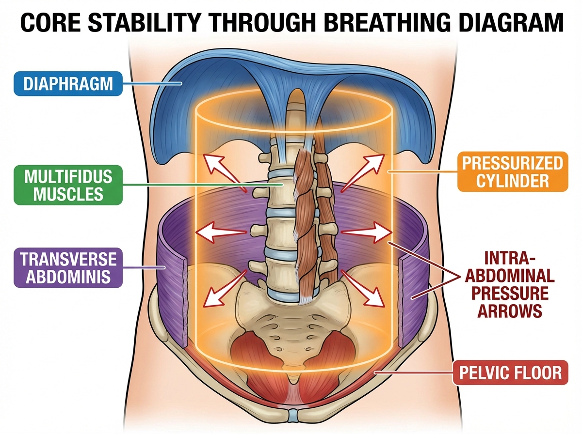 Core stability through breathing diagram showing the diaphragm, pelvic floor, transverse abdominis, and multifidus forming a pressurized cylinder around the lumbar spine with intra-abdominal pressure arrows