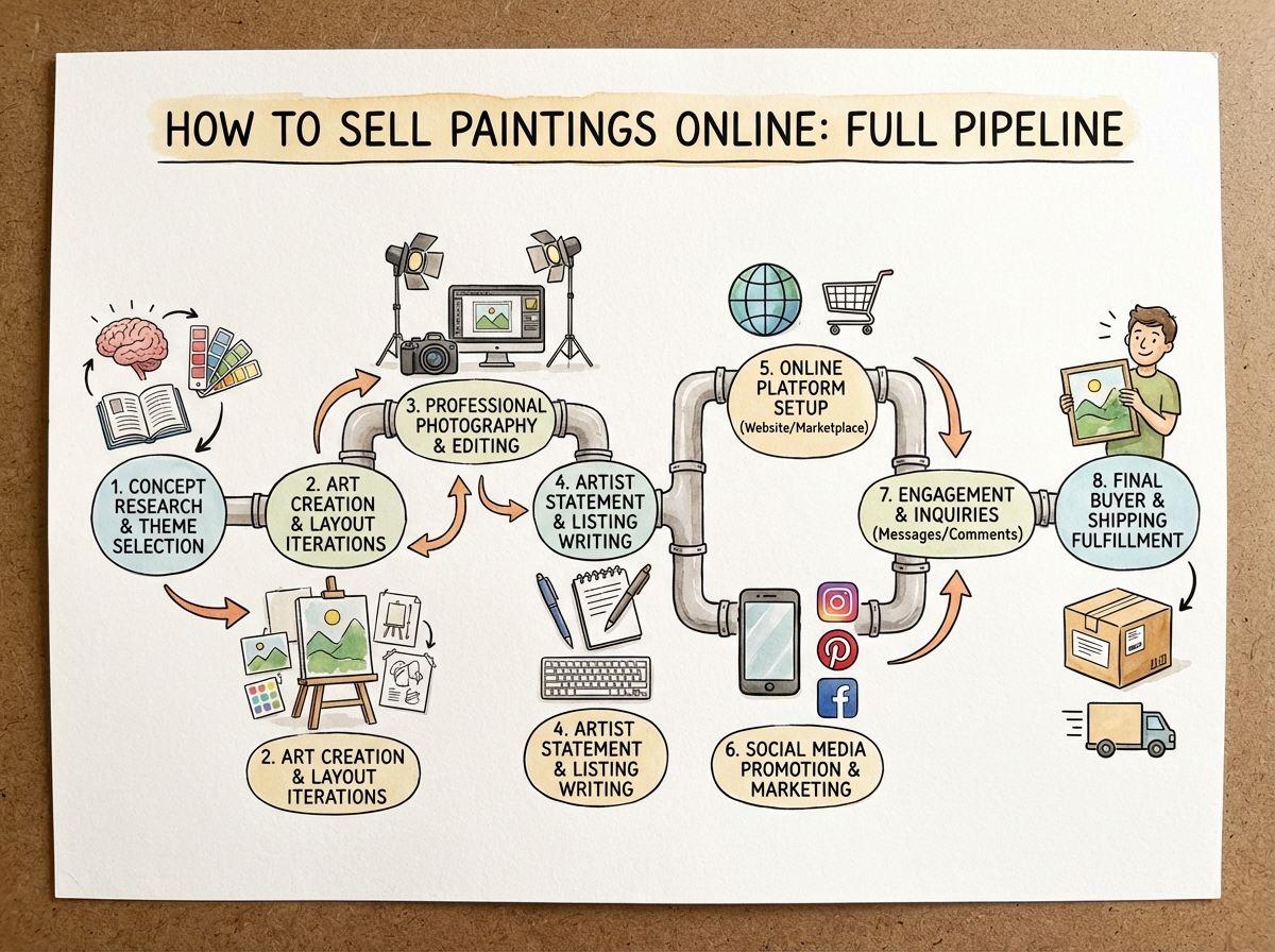 How to sell paintings online — full pipeline diagram from concept research and theme selection through layout iterations, photography, artist statement writing, and social media promotion to final buyer
