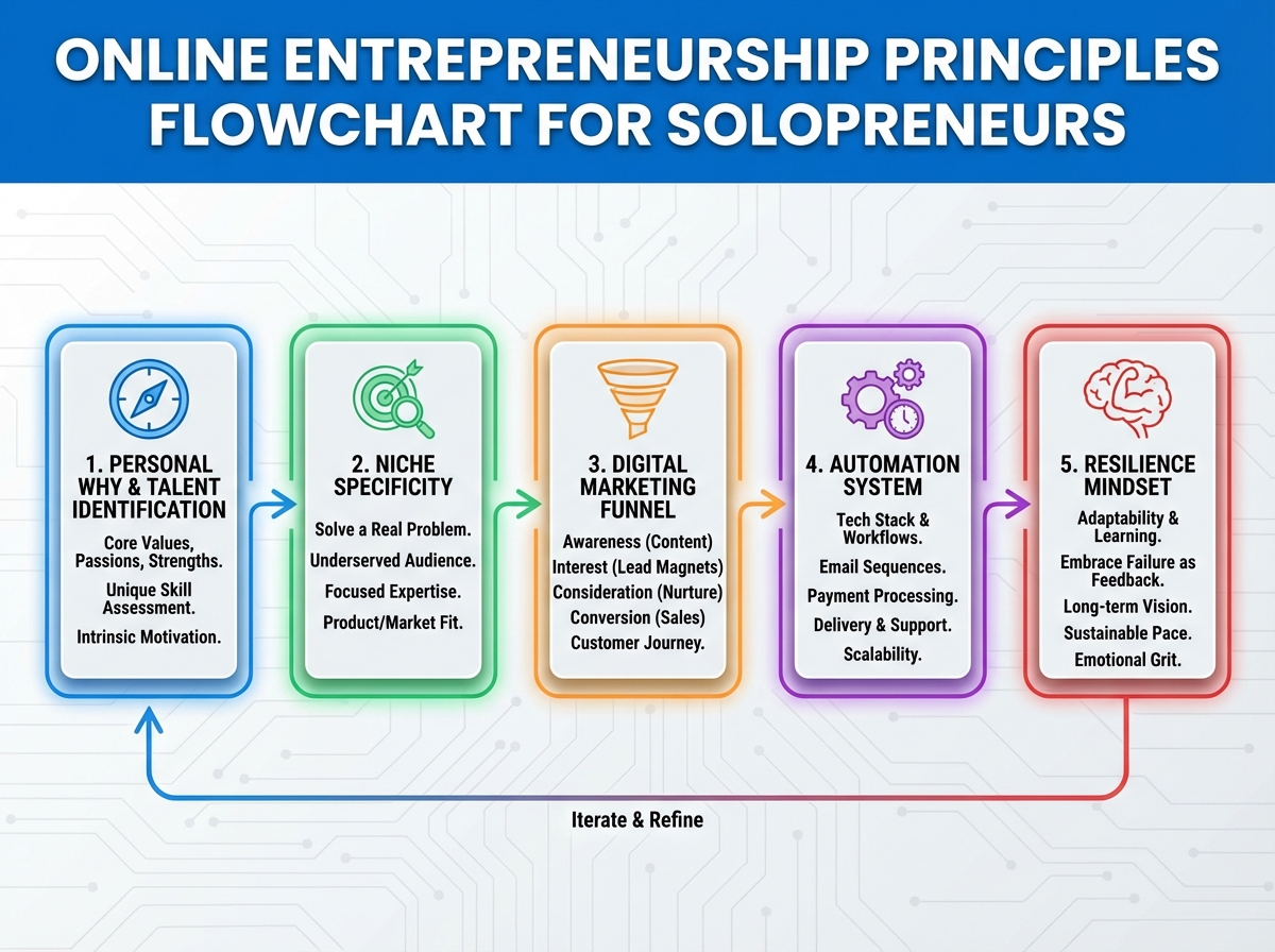 Online entrepreneurship principles flowchart showing the progression from personal why and talent identification through niche specificity, digital marketing funnel, automation system, and resilience mindset for solopreneurs