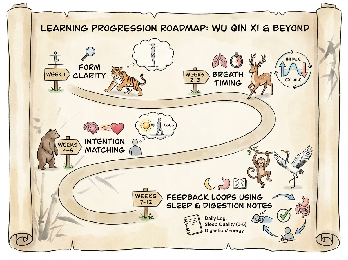 Learning progression roadmap: week 1 form clarity, weeks 2-3 breath timing, weeks 4-6 intention matching, weeks 7-12 feedback loops using sleep and digestion notes; icons for each Wu Qin Xi animal.