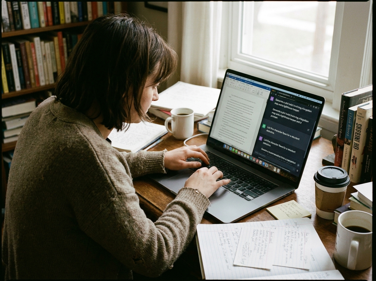 Writer typing on a laptop with notes and AI prompts visible on screen