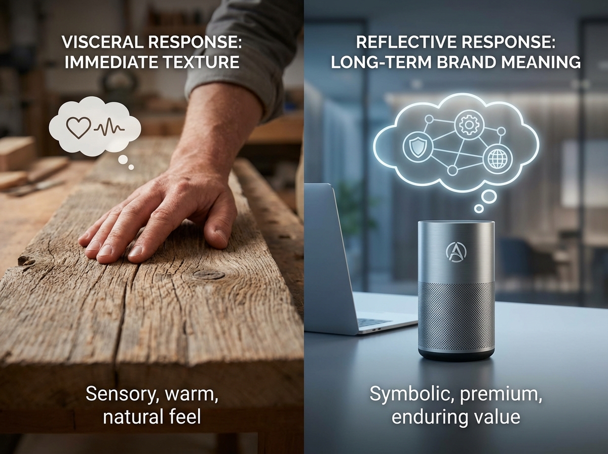 Side-by-side comparison of visceral vs reflective emotional response to materials — left shows immediate texture reaction to wood grain, right shows long-term brand meaning associated with brushed steel in product design