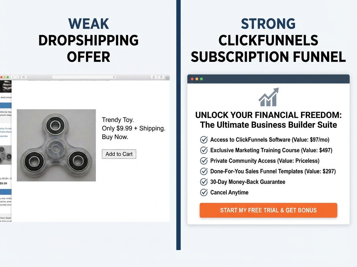 Side-by-side comparison of a weak dropshipping product offer versus a strong ClickFunnels subscription funnel offer showing value stacking, guarantee, and outcome-focused copy