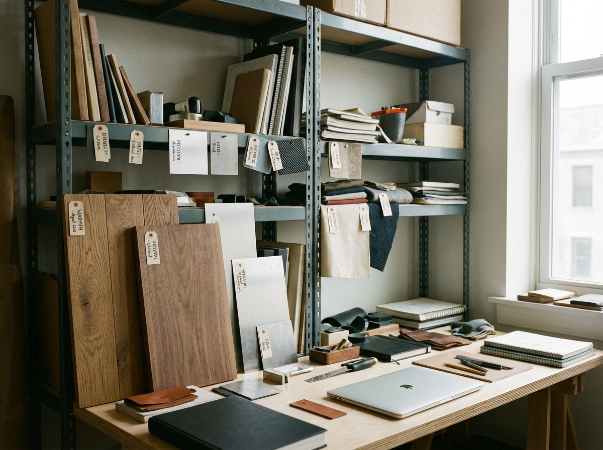 Product designer's emotional materials reference library showing annotated swatches of wood, metal, rubber, and textile samples labeled with emotional associations like warmth, precision, softness, and durability