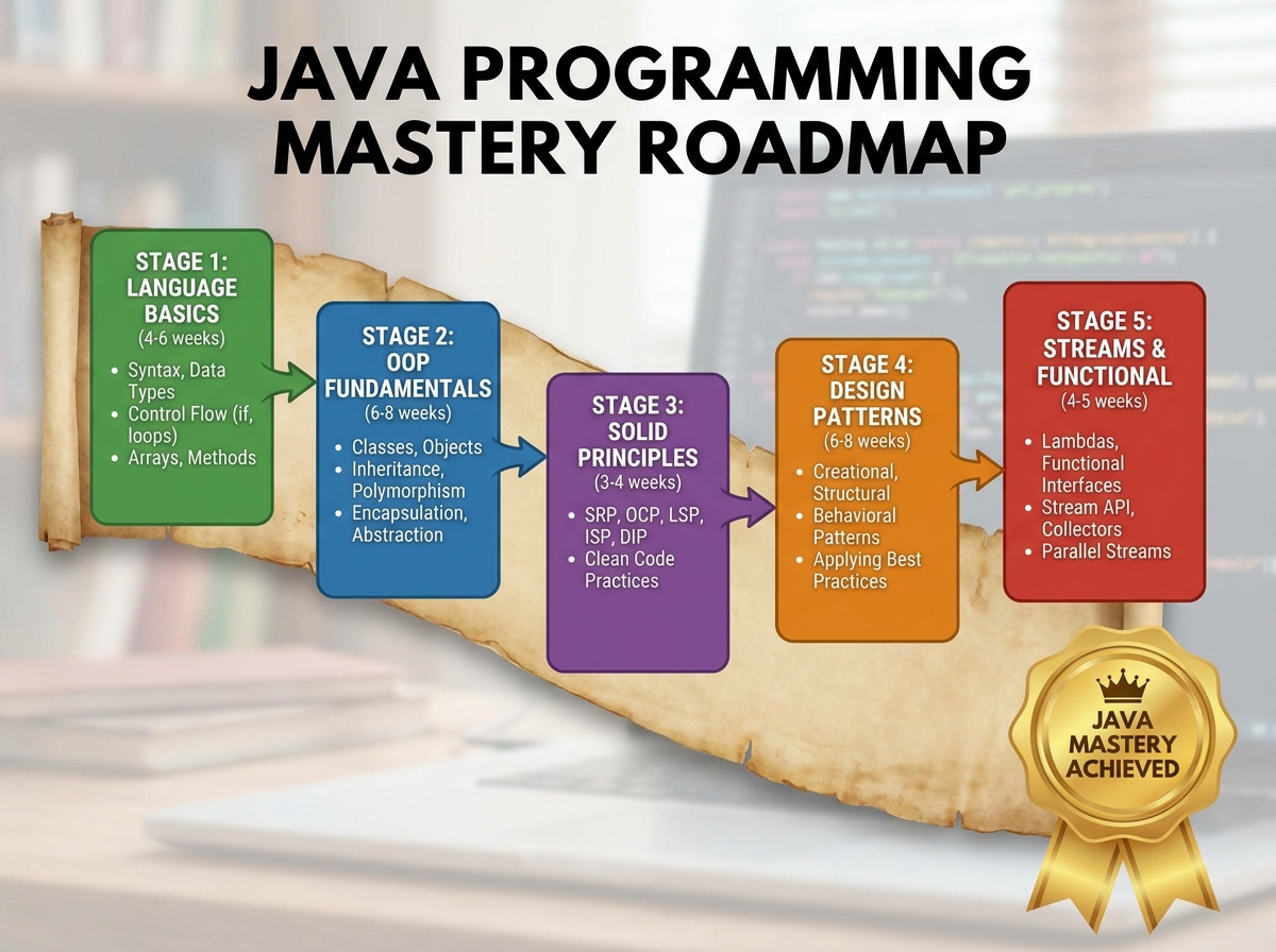 Java programming mastery roadmap showing sequential stages from language basics through OOP, SOLID principles, design patterns, and streams with estimated time ranges per stage