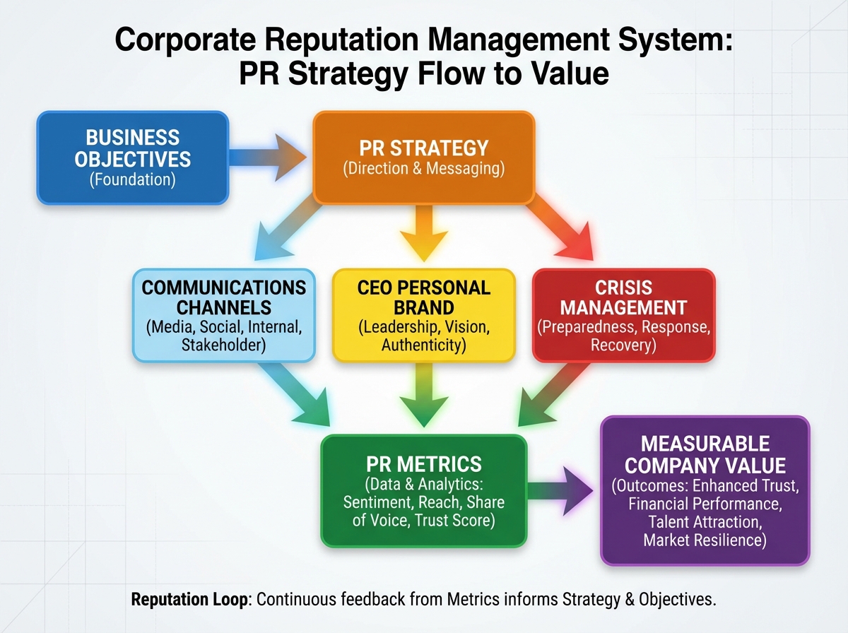 Corporate reputation management system diagram showing PR strategy flow from business objectives through communications channels, CEO personal brand, crisis management, and PR metrics to measurable company value
