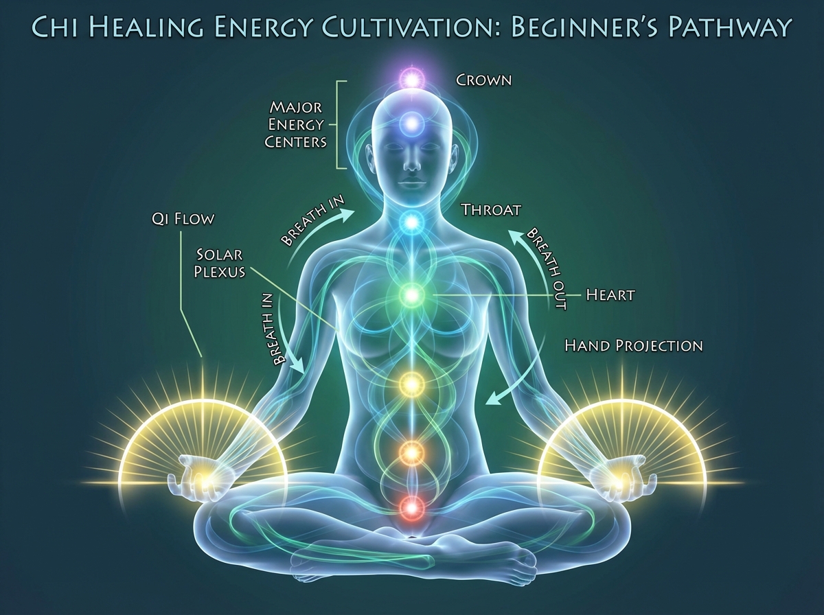 Chi healing energy cultivation concept visual for healing arts beginners showing internal Qi flow pathway through the body's major energy centers, with breath cycle and hand projection overlay