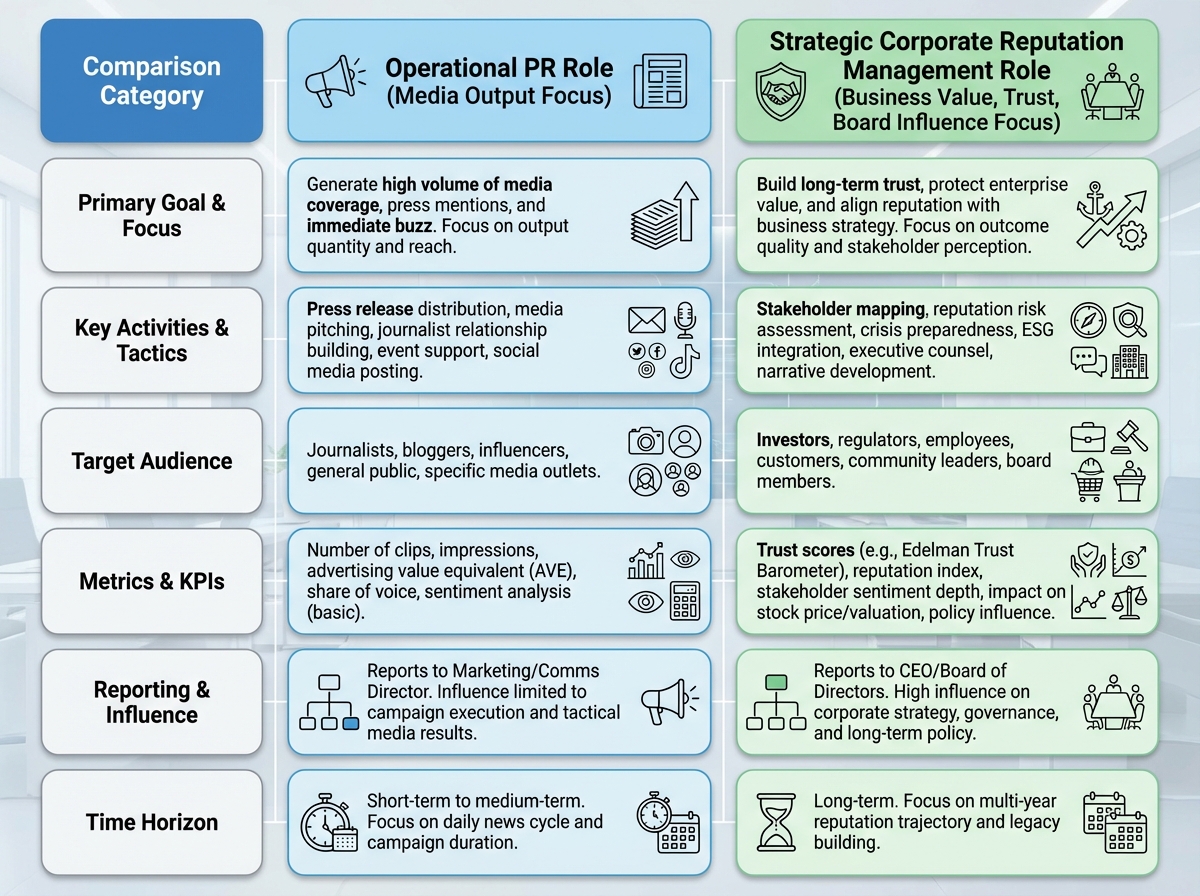 Side-by-side comparison table showing operational PR role focused on media output versus strategic corporate reputation management role focused on business value, trust metrics, and board-level influence