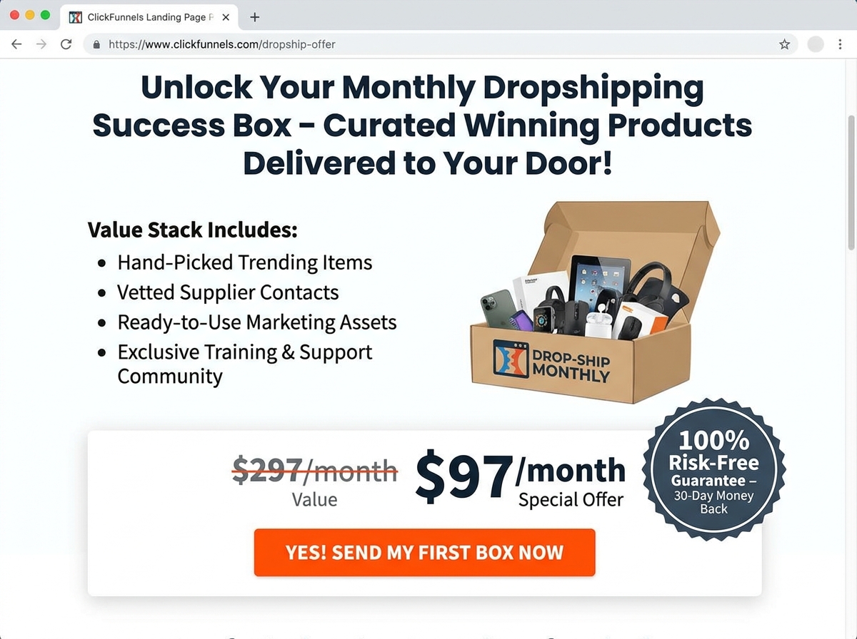 ClickFunnels dropshipping subscription offer page screenshot showing headline, value stack bullet points, monthly box product image, price anchor, and risk-reversal guarantee badge above the fold