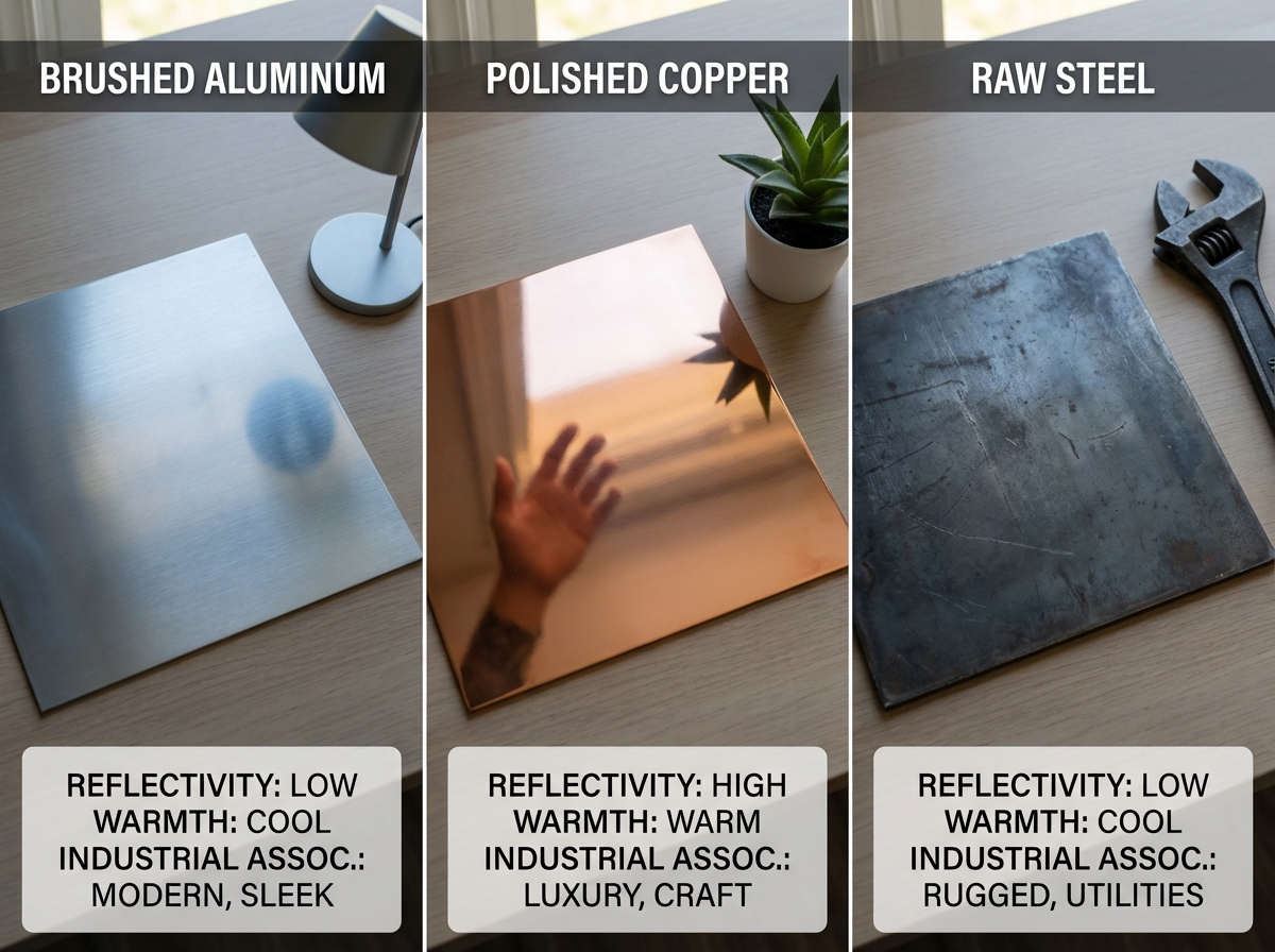 Emotional design comparison of brushed aluminum versus polished copper versus raw steel surfaces showing reflectivity, warmth, and industrial emotional associations in material selection for product designers