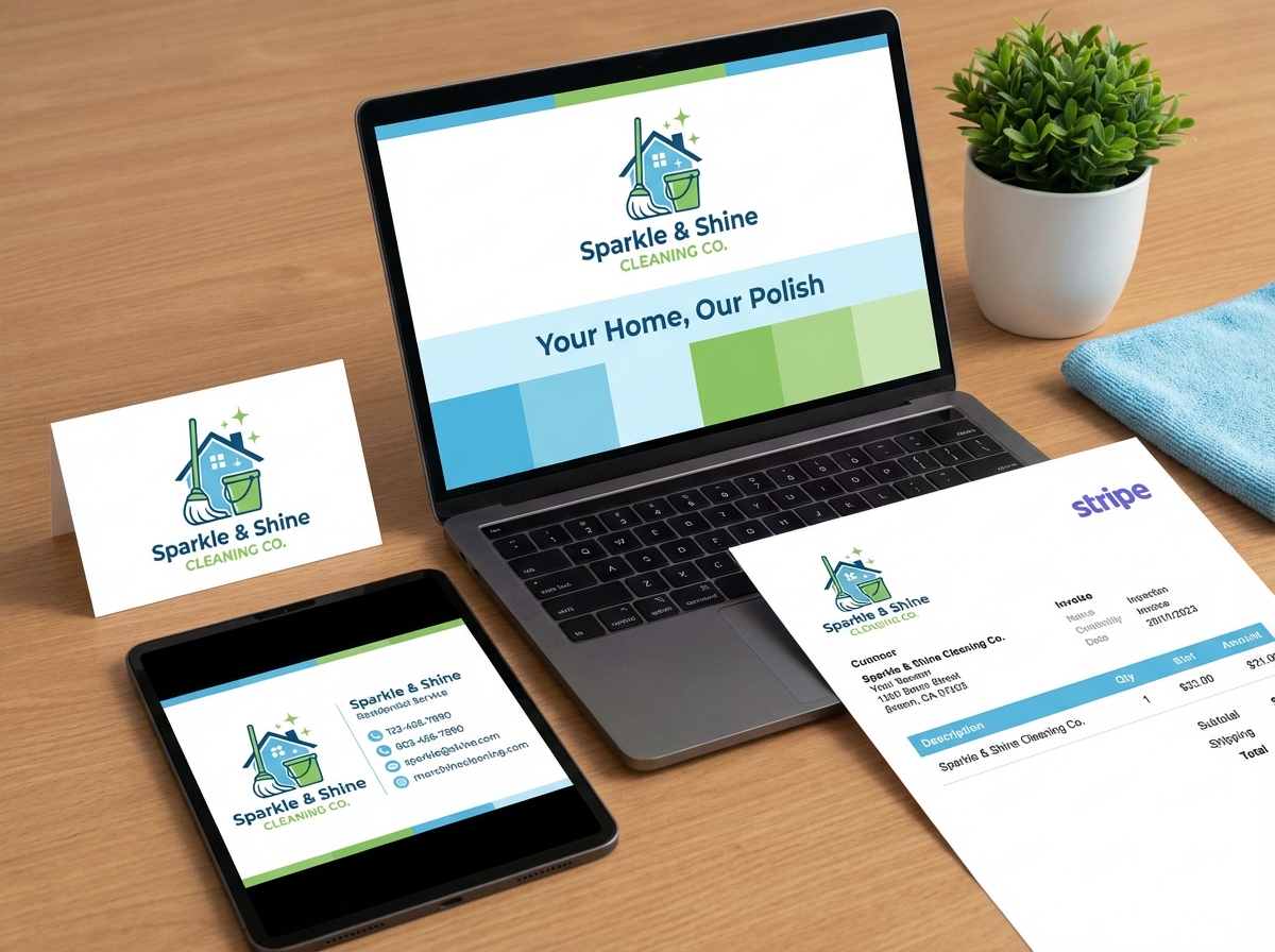 Cleaning business brand identity mockup showing consistent logo usage across business card, website header, email signature, and Stripe invoice for a residential cleaning service