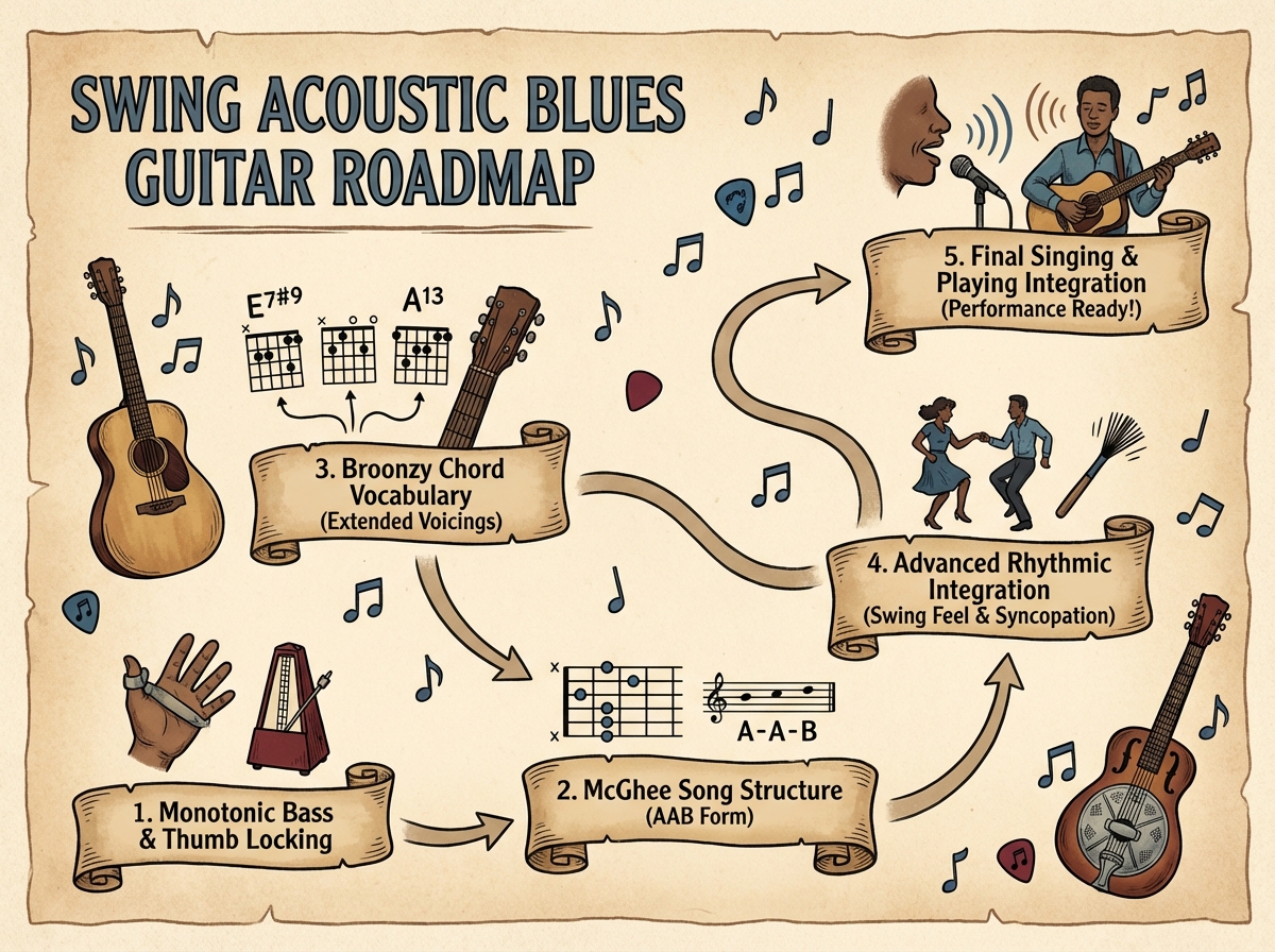 Swing acoustic blues guitar learning roadmap showing five stages from monotonic bass thumb locking through McGhee song structure to Broonzy chord vocabulary and final singing-and-playing integration