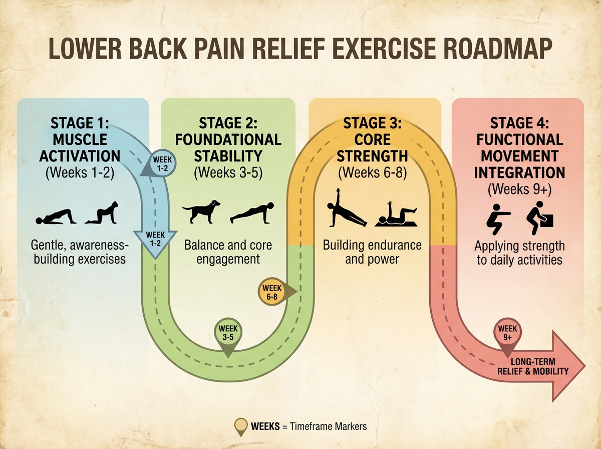 Lower back pain relief exercise roadmap showing four stages: muscle activation, foundational stability, core strength, functional movement integration with week markers
