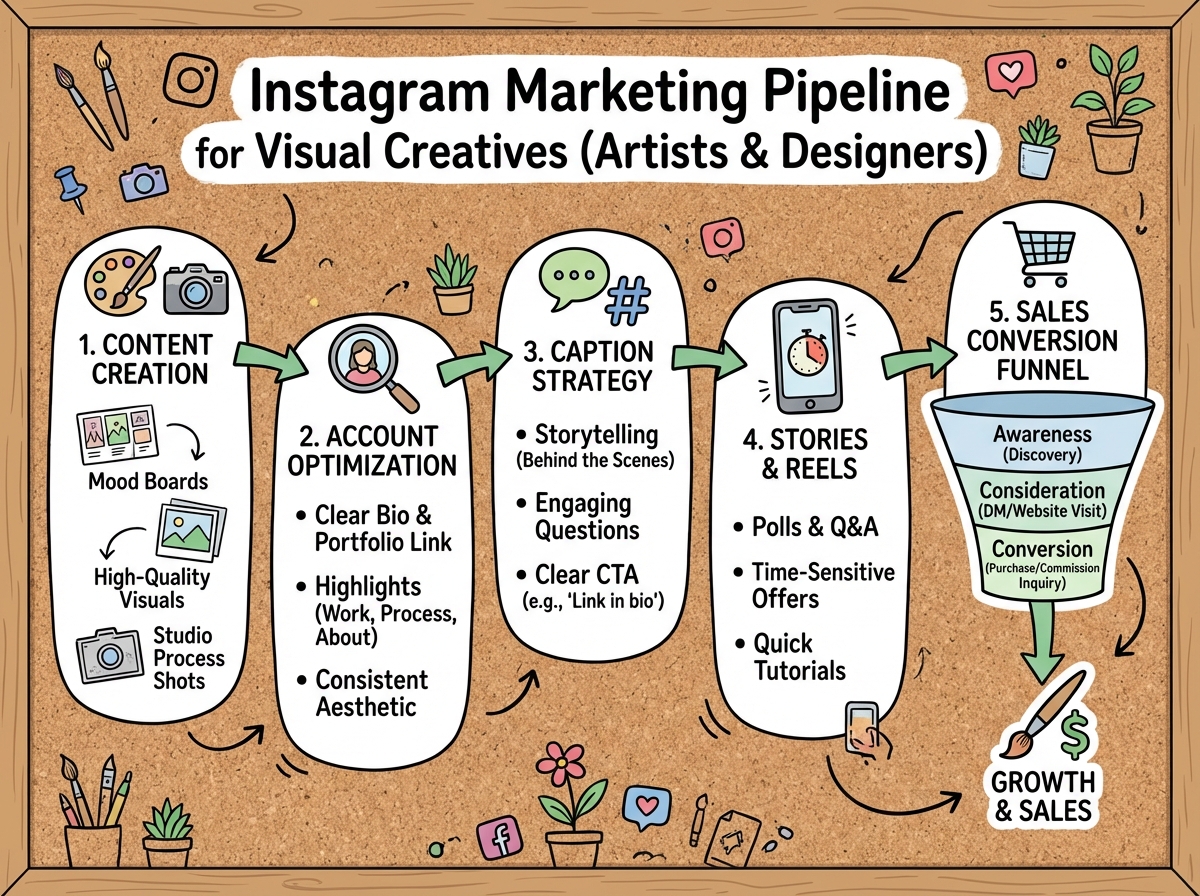 Instagram marketing for visual creatives pipeline diagram showing content creation, account optimization, caption strategy, Stories, and sales conversion funnel for artists and designers