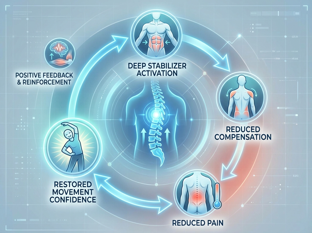 Concept diagram for lower back pain relief showing spine-support feedback loop: deep stabilizer activation leads to reduced compensation, reduced pain, restored movement confidence