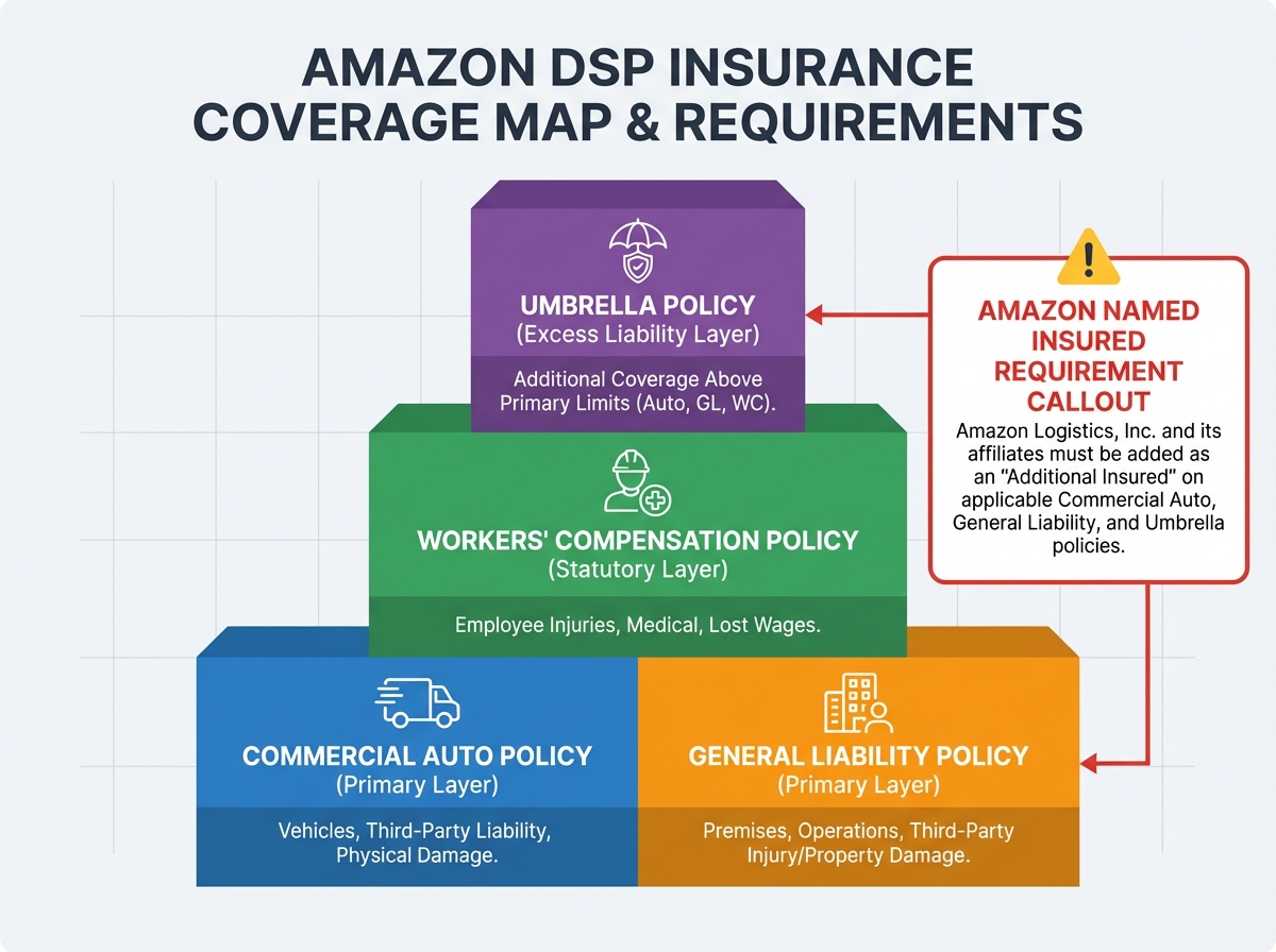 Amazon DSP insurance coverage map showing commercial auto, workers compensation, general liability, and umbrella policy layers with Amazon named insured requirement callout