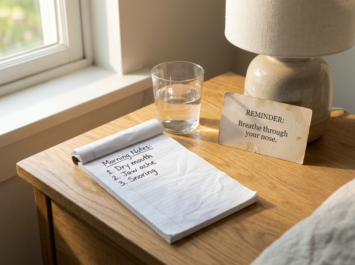 Realistic bedside scene: a notepad with morning notes (dry mouth, jaw ache, snoring) next to a glass of water and a small nasal breathing reminder card. Natural lighting, handwritten checklist. mood-linked morning feedback loop.