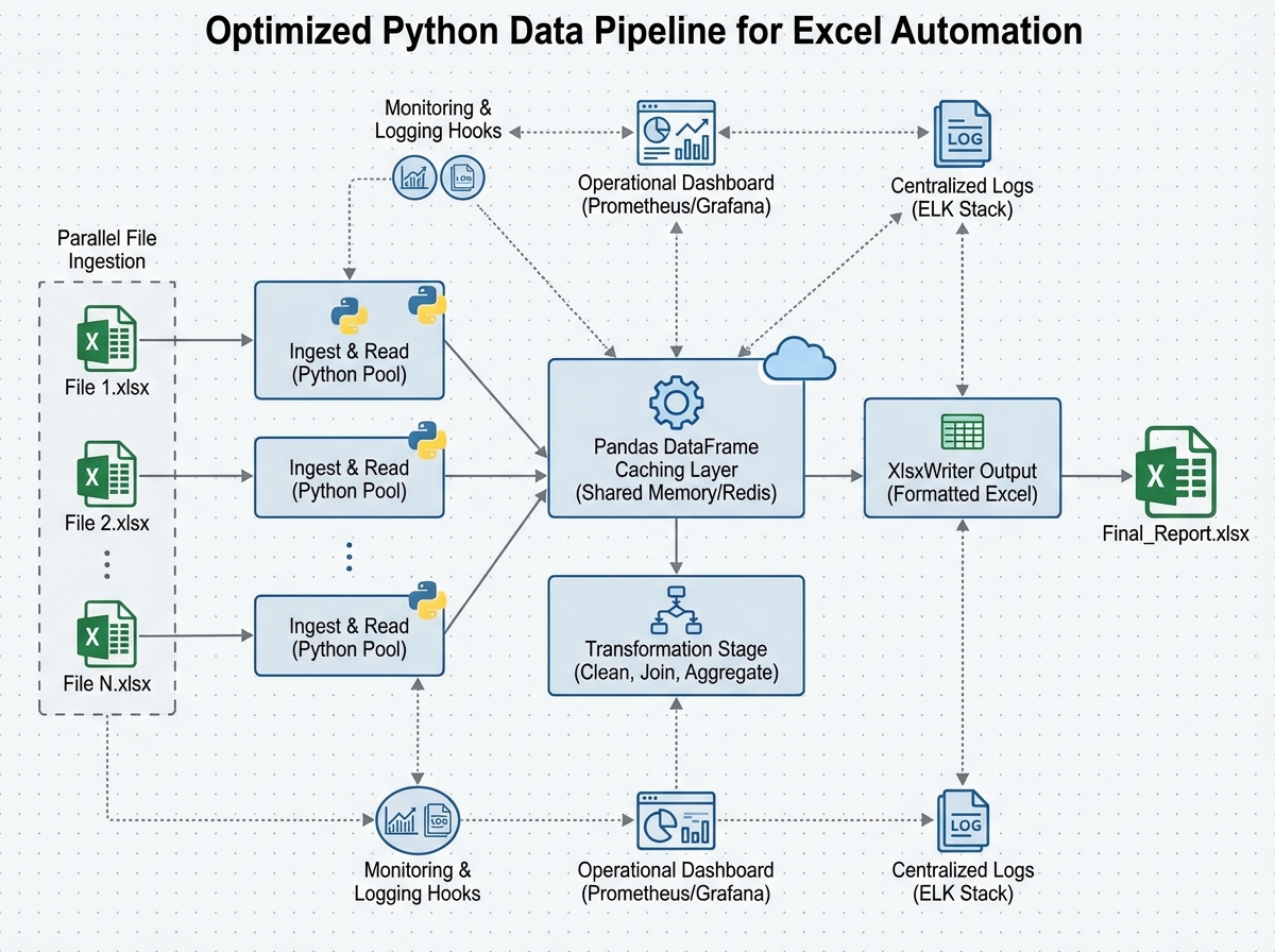 Optimized Python data pipeline architecture diagram for Excel automation showing parallel file ingestion, Pandas DataFrame caching layer, transformation stage, and XlsxWriter output with monitoring and logging hooks