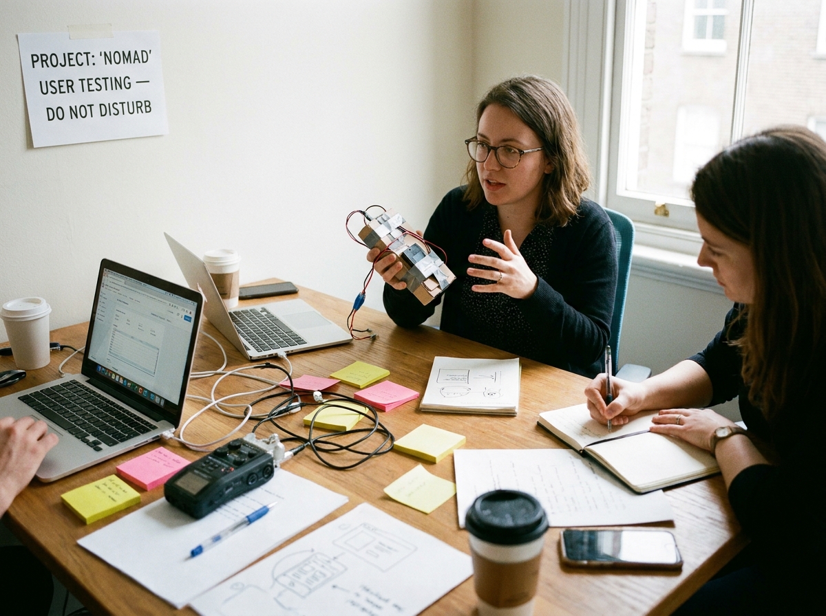 A real-world project in progress: a user testing session with notes and a prototype on a desk