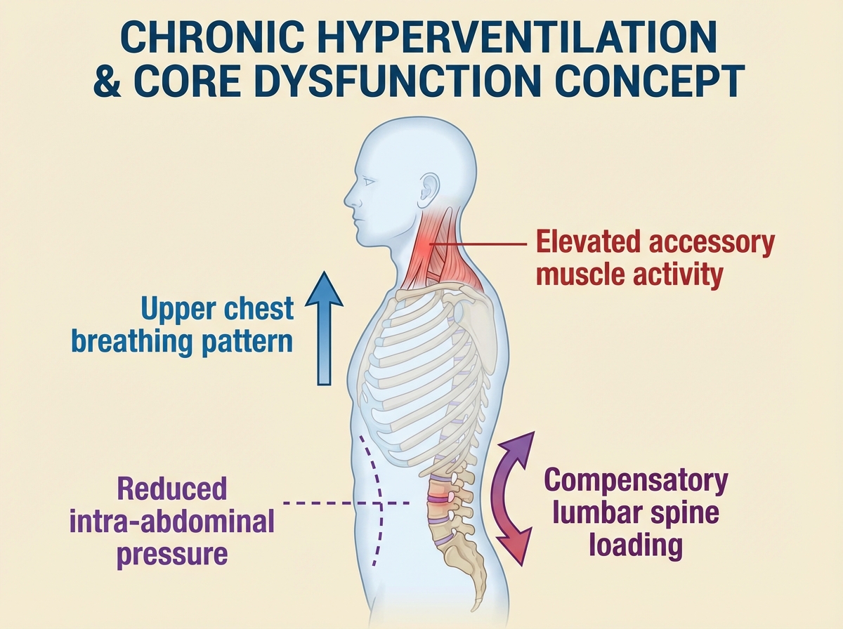 Chronic hyperventilation and core dysfunction concept showing upper chest breathing pattern with elevated accessory muscle activity, reduced intra-abdominal pressure, and compensatory lumbar spine loading