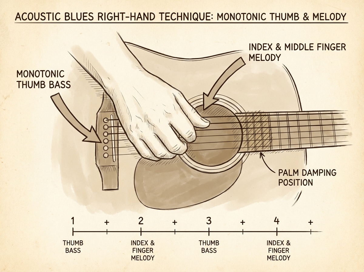 Acoustic blues guitar right-hand technique diagram showing monotonic thumb bass on open E string with index and middle finger melody notes above, beat subdivisions labeled, palm damping position indicated