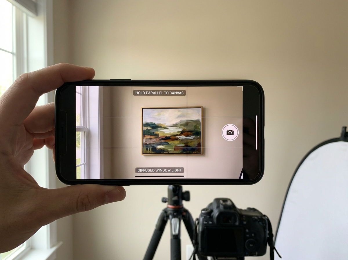 Smartphone photograph setup for painting photography showing painting mounted on neutral wall in diffused window light with camera held parallel to canvas, illustrating how to photograph artwork for selling paintings online