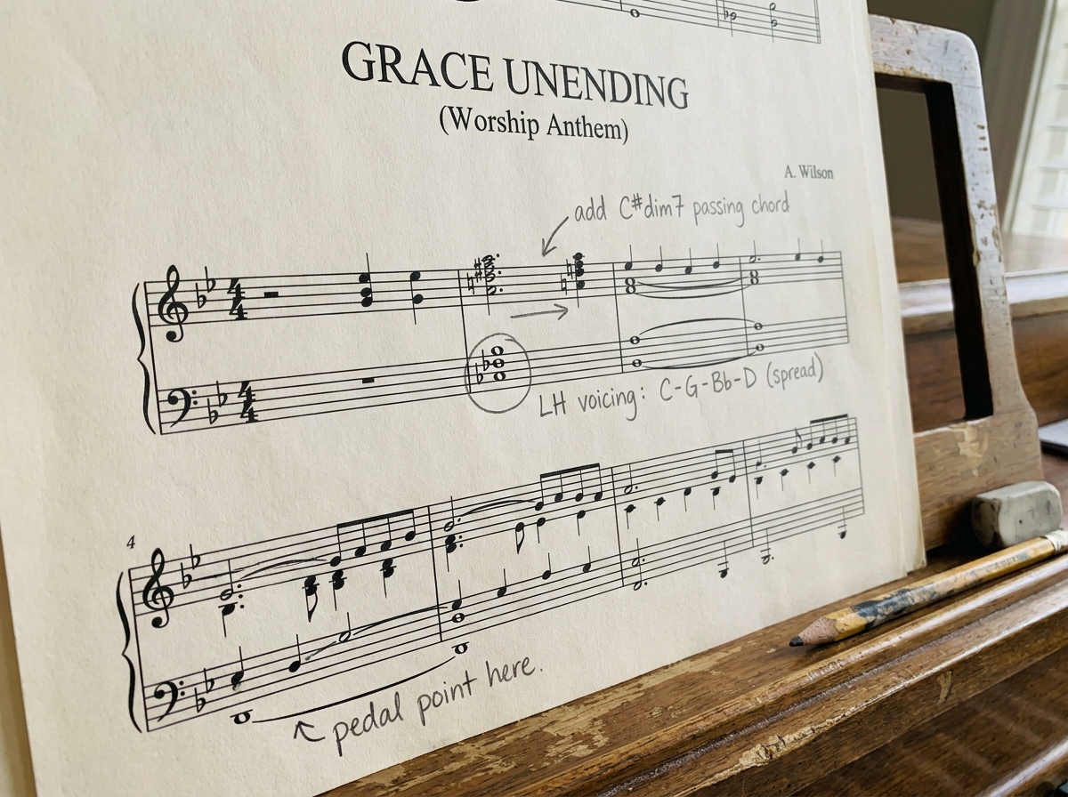 Piano sheet music excerpt of contemporary gospel worship song with handwritten annotations showing passing chord insertion points and left hand voicing positions