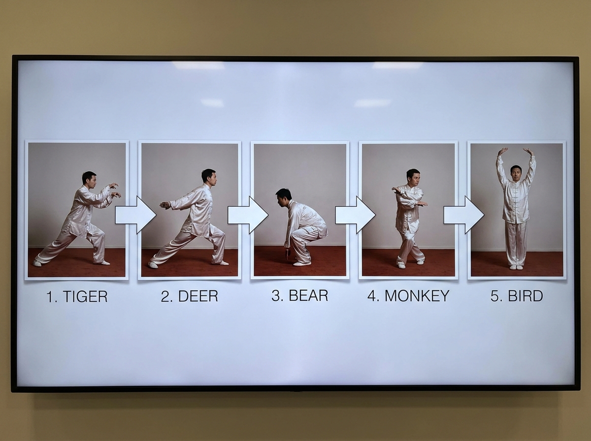 Person doing Wu Qin Xi sequence photos: tiger forward focus, deer long stance, bear grounded squat, monkey twisting arms, bird upright reach; same lighting, numbered order arrows on screen.