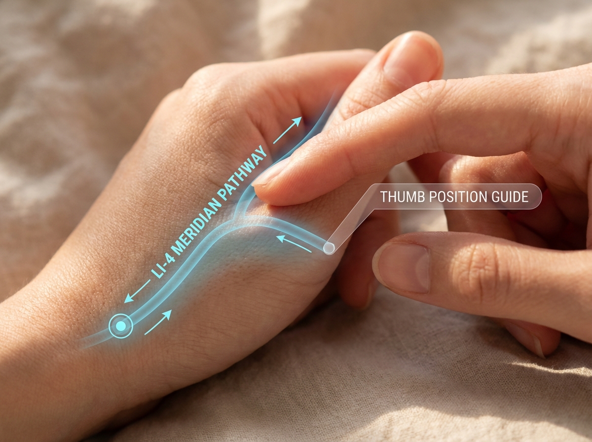 Close-up scene showing correct thumb placement on LI-4 acupressure point in hand webbing for headache and stress relief, with meridian pathway overlay and finger position guide