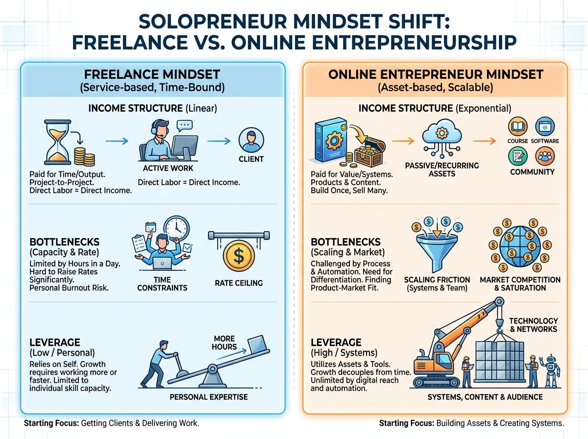 Side-by-side comparison of freelance versus online entrepreneurship mindset showing income structure, bottlenecks, and leverage differences for solopreneurs starting an online business
