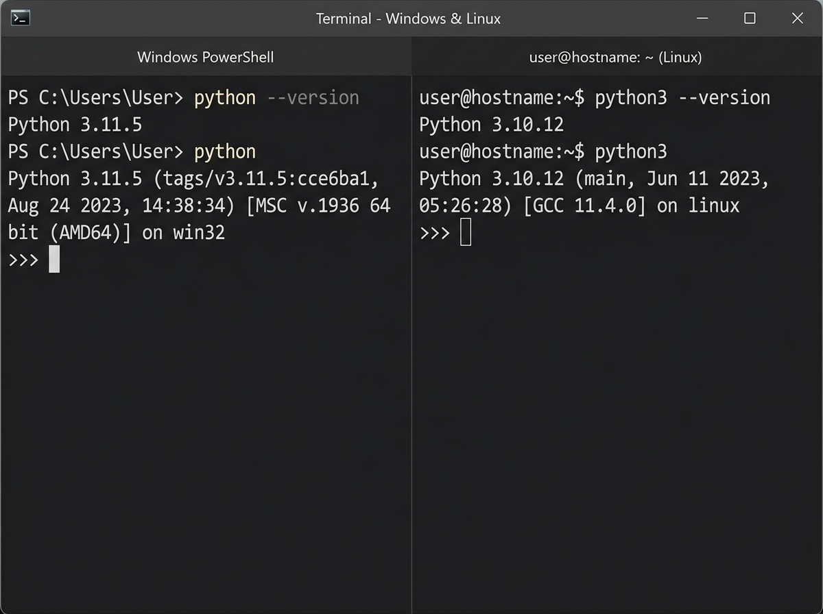 Terminal window showing Python 3 installation confirmation output on Windows and Linux, with version number and interactive Python prompt ready for input