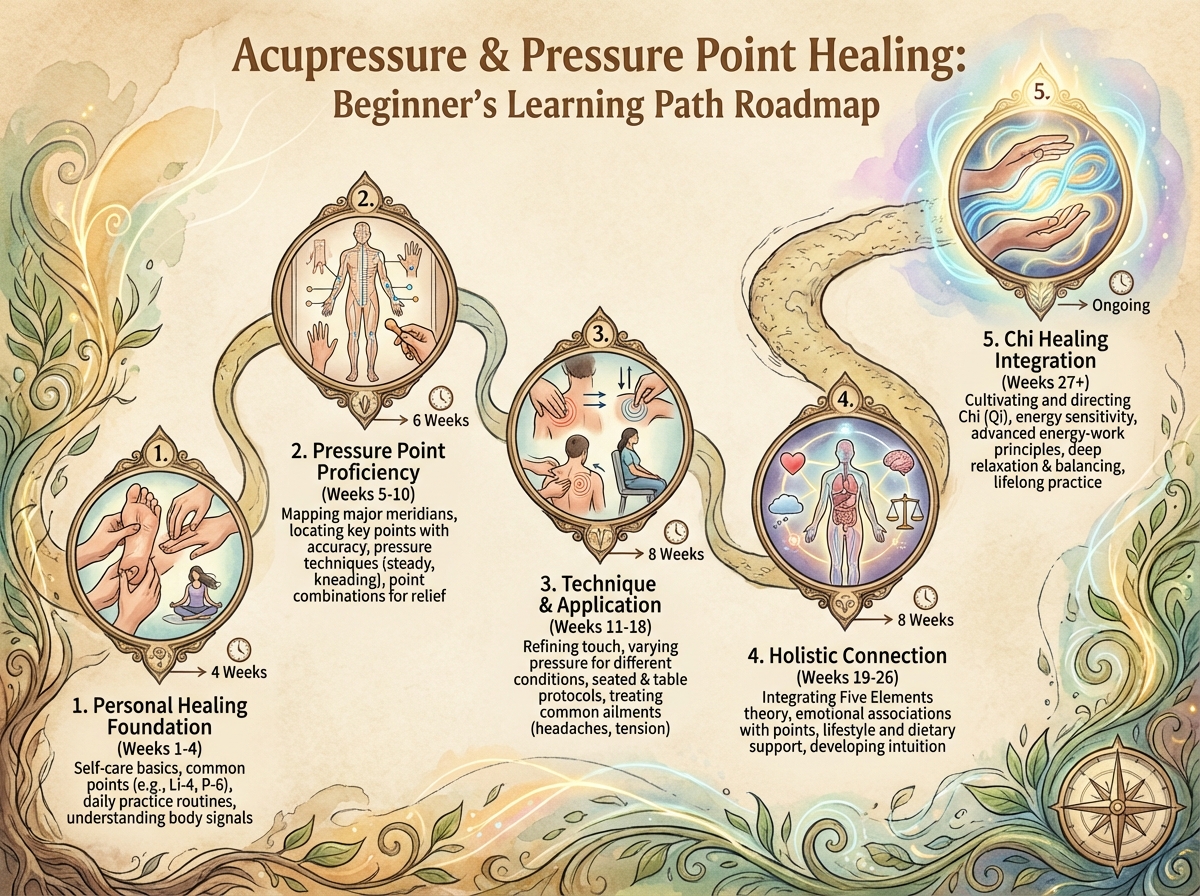 Acupressure and pressure point healing learning path roadmap for beginners, showing five sequential stages from personal healing foundation through chi healing integration with estimated week markers