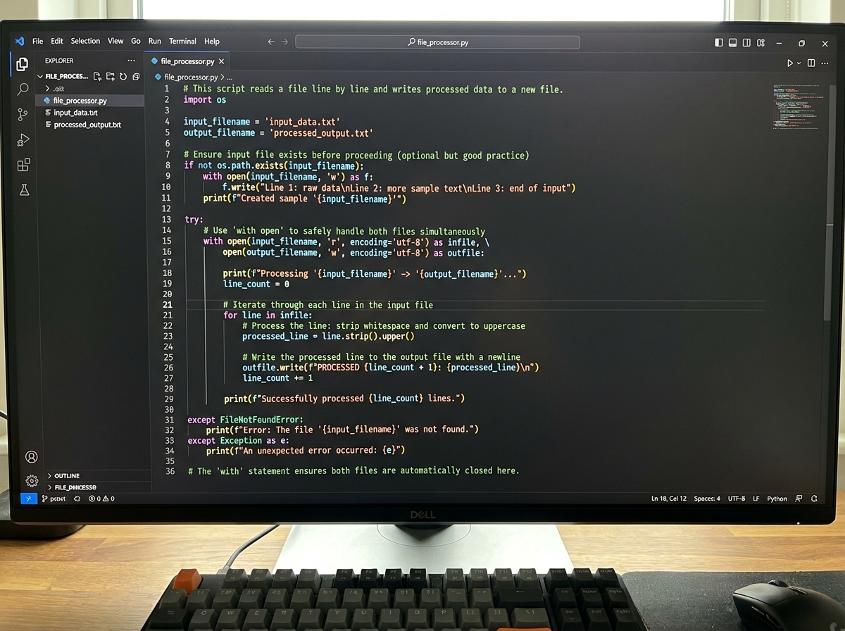 Python file handling code block using 'with open' statement to read a text file line by line and write processed output to a new file, shown in a code editor