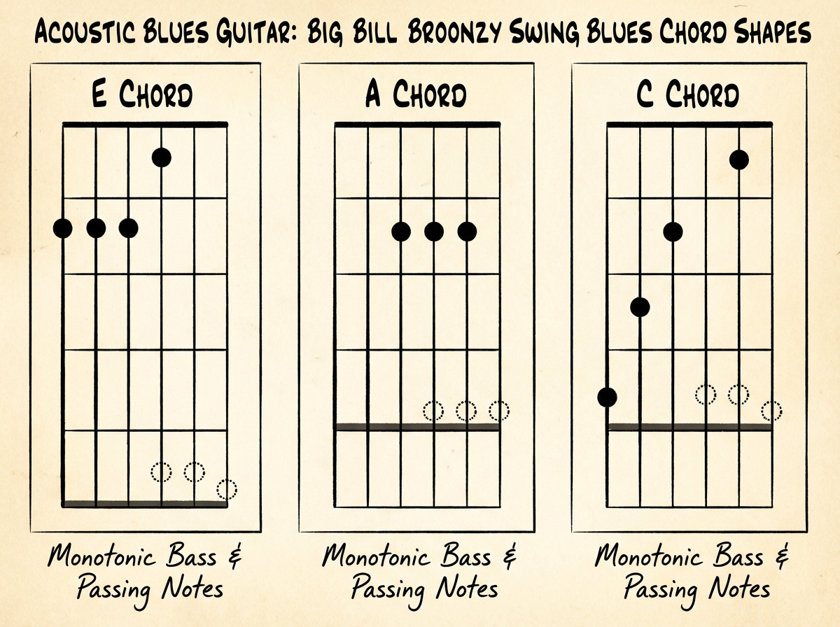 Acoustic blues guitar chord diagram showing Big Bill Broonzy swing blues chord shapes in E A and C with monotonic bass string highlighted and walking bass passing note positions marked