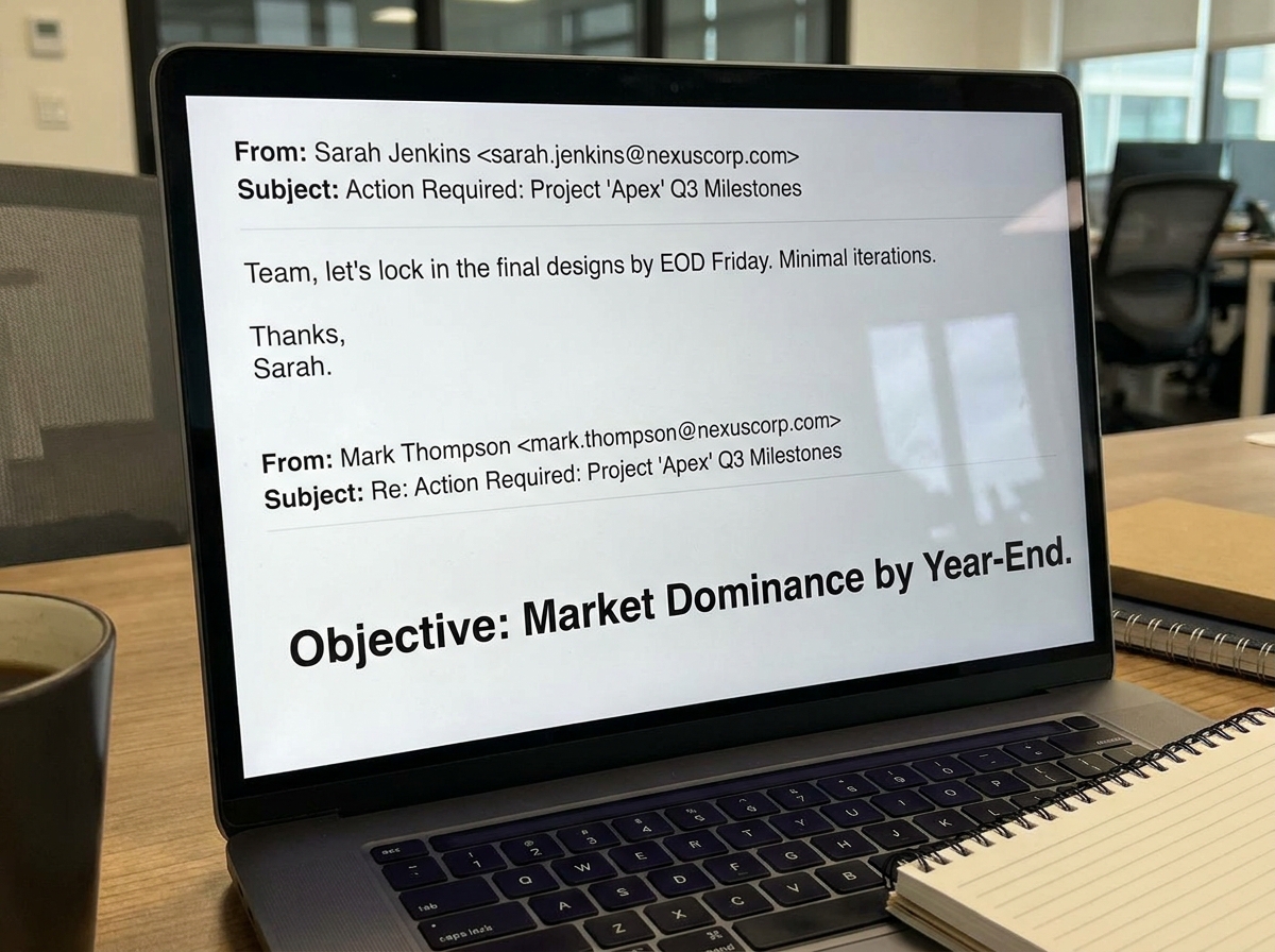 Real-world email thread snapshot illustrating a concise, action-driven message paired with a bold objective