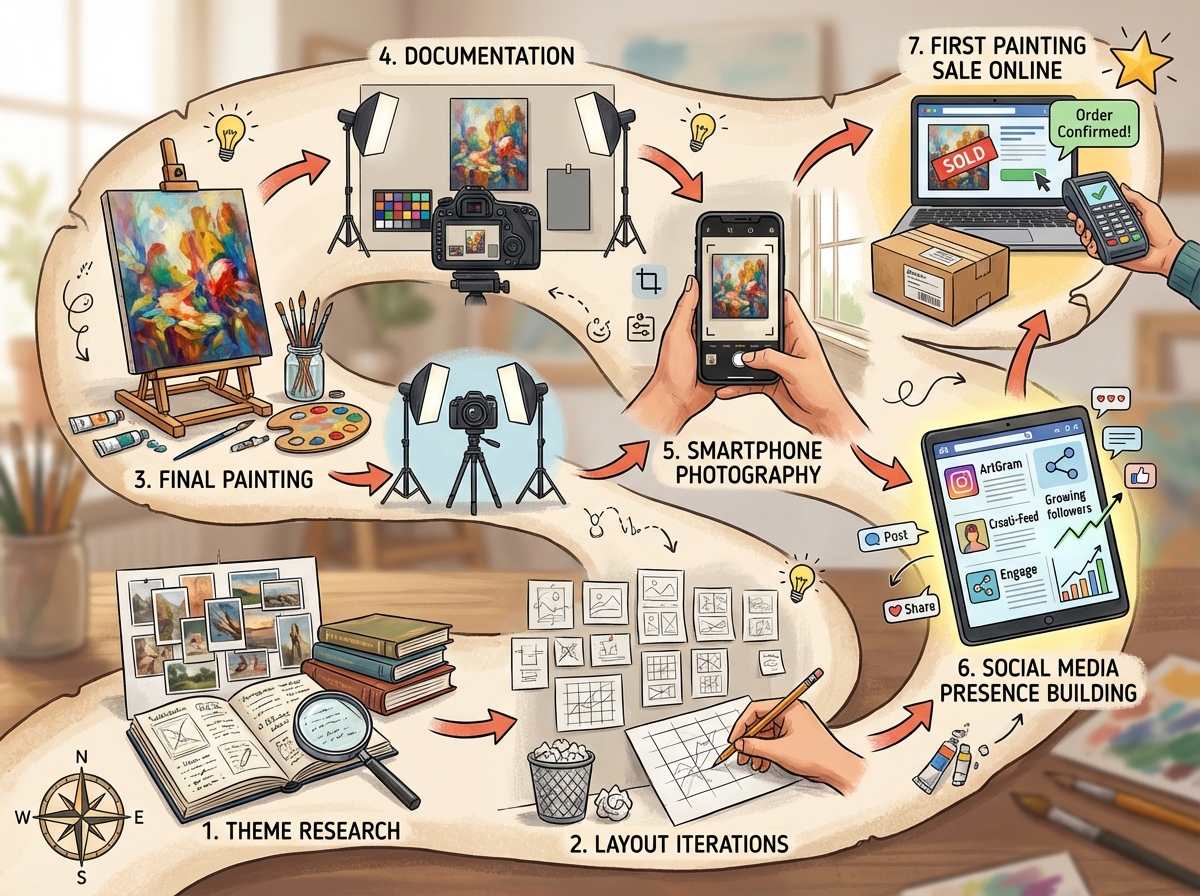 Artist learning roadmap showing sequential stages from theme research through layout iterations, final painting, documentation, smartphone photography, social media presence building, and first painting sale online