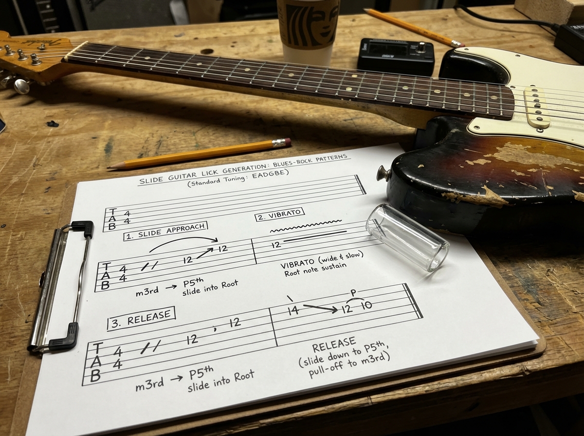Slide guitar lick generation scene showing guitar neck TAB notation with three example blues rock lick patterns illustrating slide approach, vibrato, and release in standard tuning with interval labels