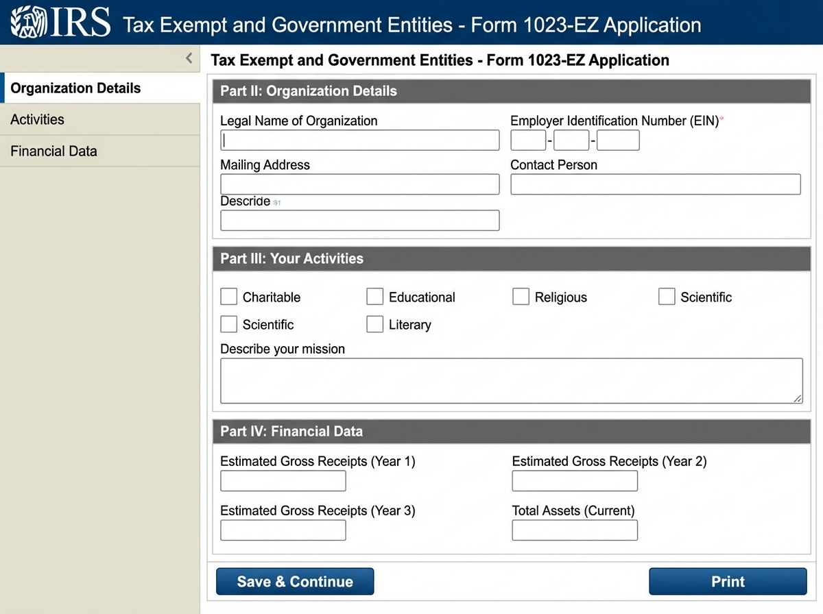 IRS Form 1023-EZ application interface showing organization details section, activity checkboxes, and financial projections fields for nonprofit 501c3 status application