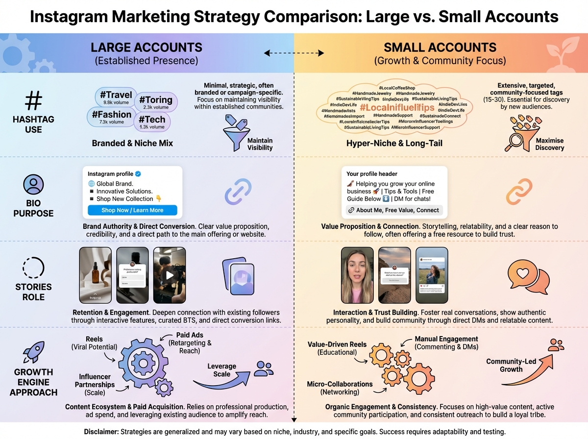 Side-by-side comparison of Instagram marketing strategy for large vs small accounts, showing differences in hashtag use, BIO purpose, Stories role, and growth engine approach